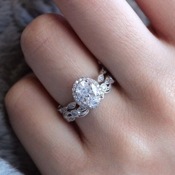 NEW 925 Sterling Silver Oval Cut Diamond 2P Ring - Picture 2 of 4